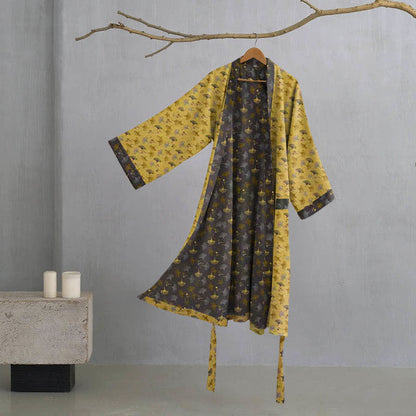 Two-Tone Ginkgo Cotton Gauze Kimono Robe - Yellow & Grey - 2XL - image 19
