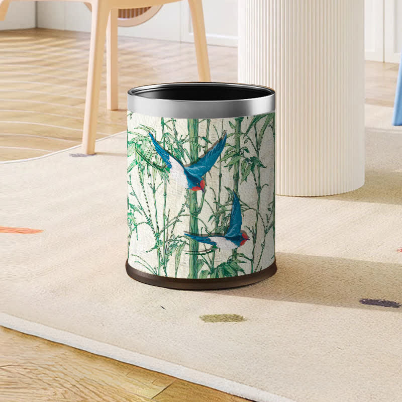 Rural Bamboo Bird Stainless Steel Trash Can - Standard Silver Circle - 9"W x 9"L x 10"H - image 1