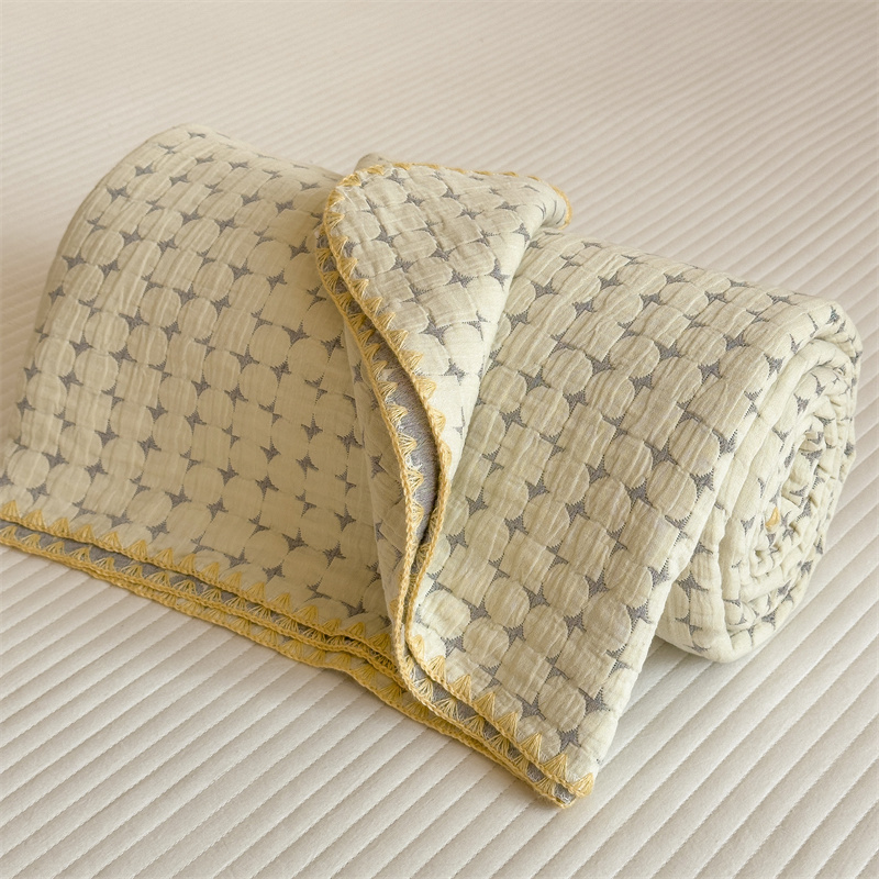 Breathable Three Layers Cotton Gauze Quilt - Light Yellow & Gray - Queen - image 0