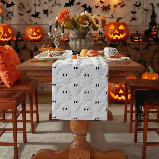 Halloween Plush Ghost Embroidered Table Runner - White - 14" x 130" - image 0