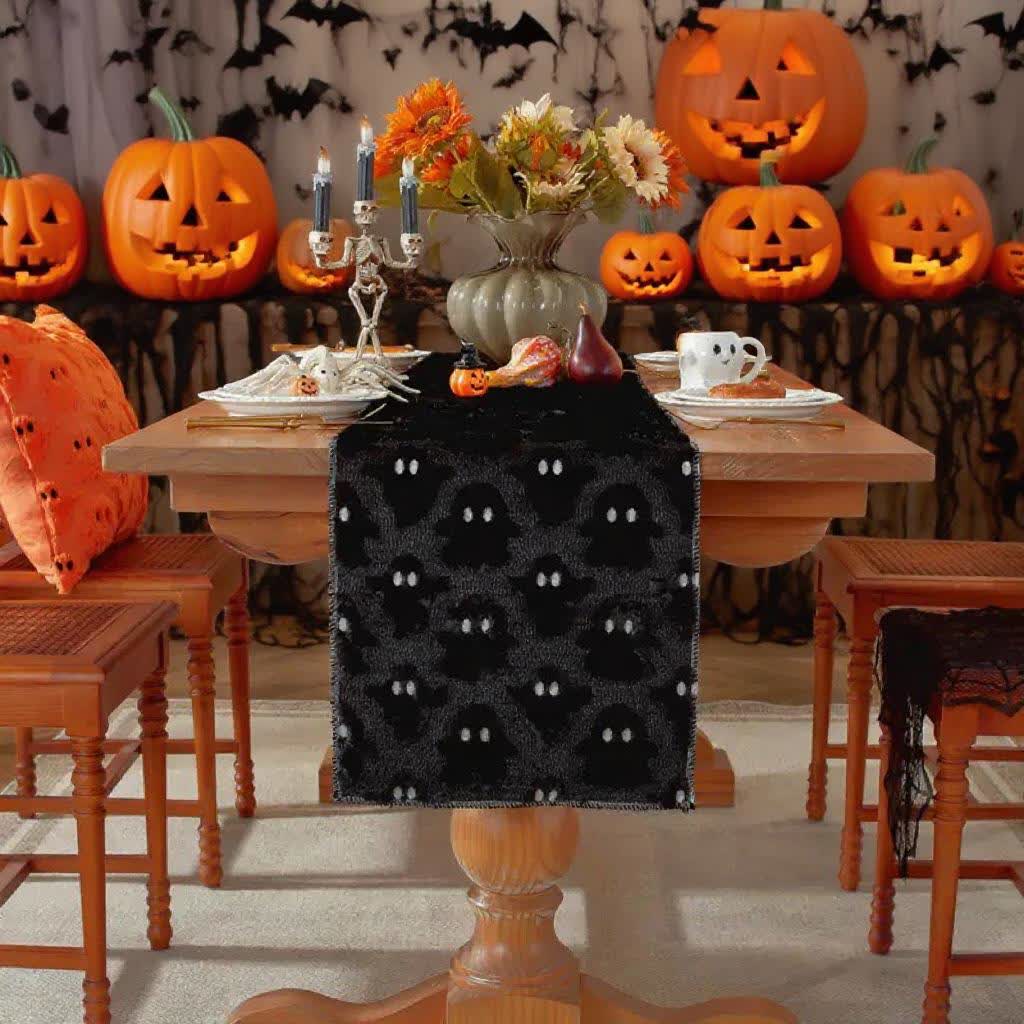 Halloween Plush Ghost Embroidered Table Runner - Black - 14" x 130" - image 7