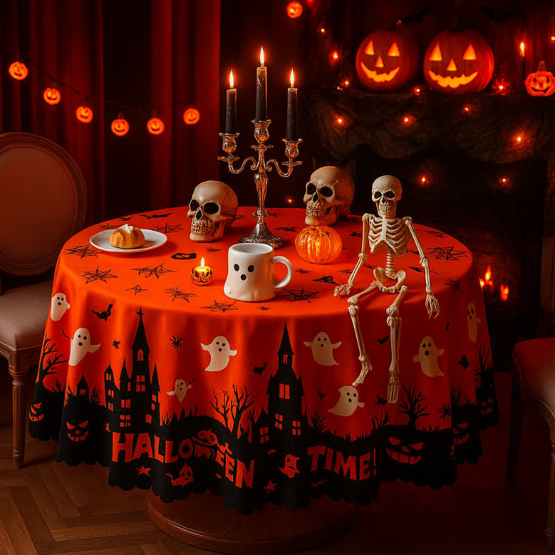 Halloween Haunted Castle Ghost Print Tablecloth - Round - 71" x 71" - image 2