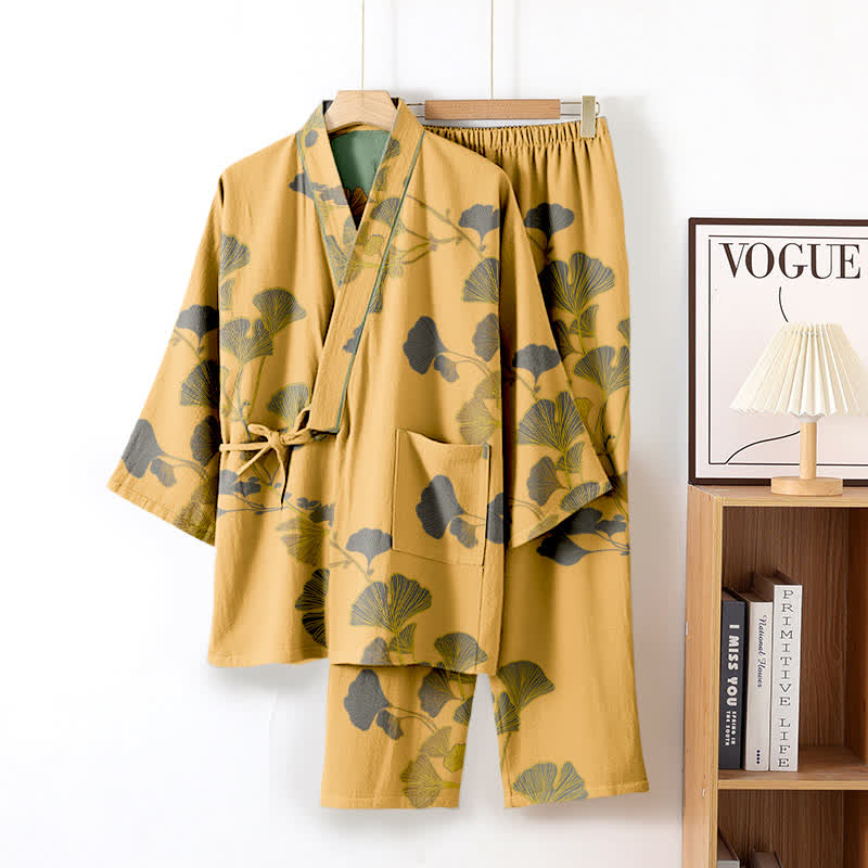Large Ginkgo Leaf Cotton Kimono Pajamas - Yellow - XL - image 12