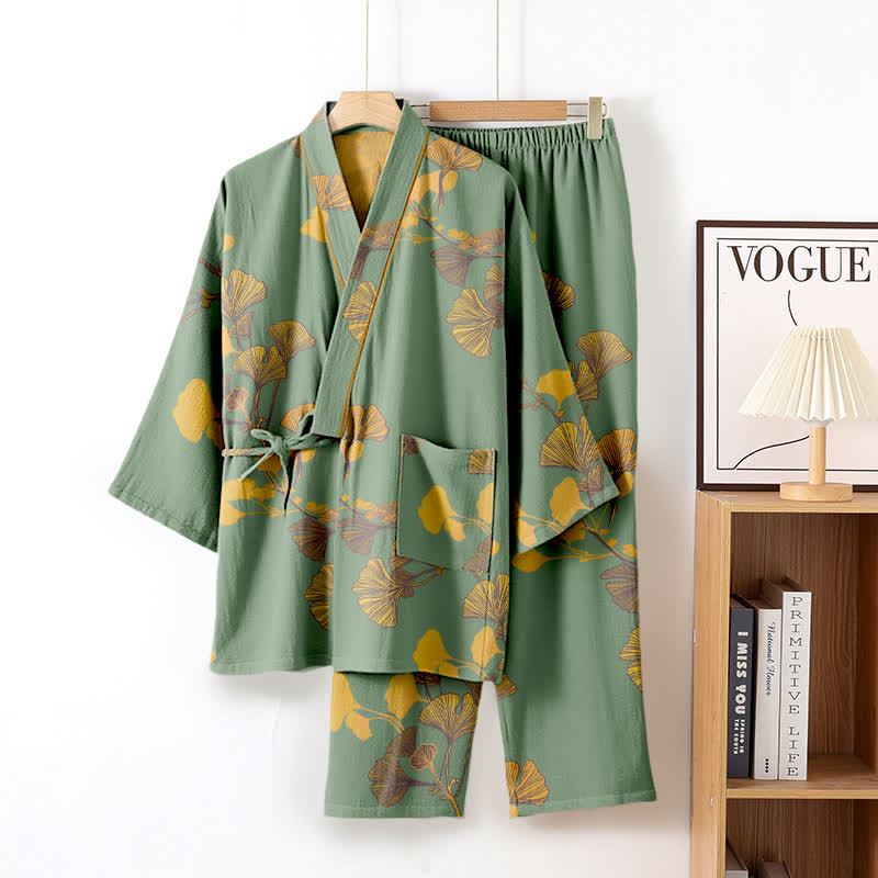 Large Ginkgo Leaf Cotton Kimono Pajamas - Green & Yellow - XL - image 9