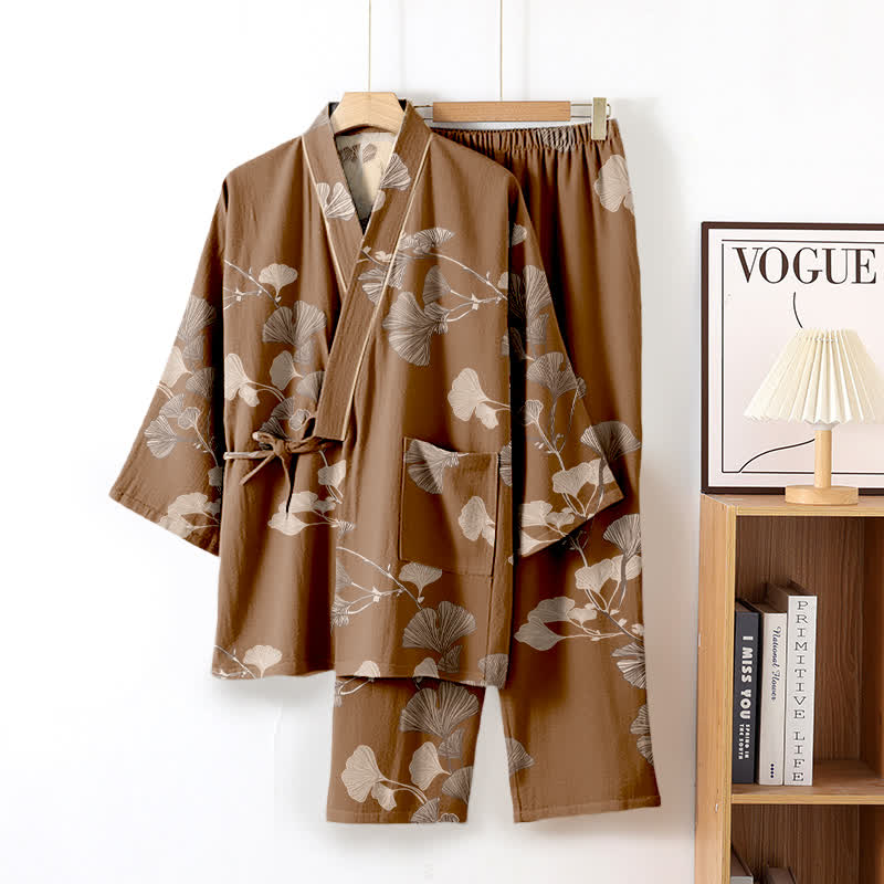 Large Ginkgo Leaf Cotton Kimono Pajamas - Brown - XL - image 14