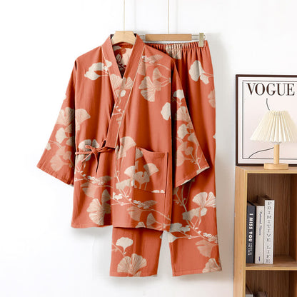 Large Ginkgo Leaf Cotton Kimono Pajamas - Pink - XL - image 11