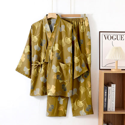 Ginkgo Cotton Gauze Kimono Loungewear Set - Dark Yellow - XL - image 30