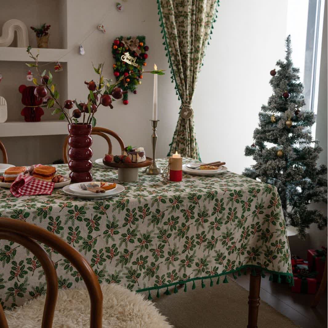 Christmas Holly Leaf Print Tablecloth - 55" x 102" - image 0