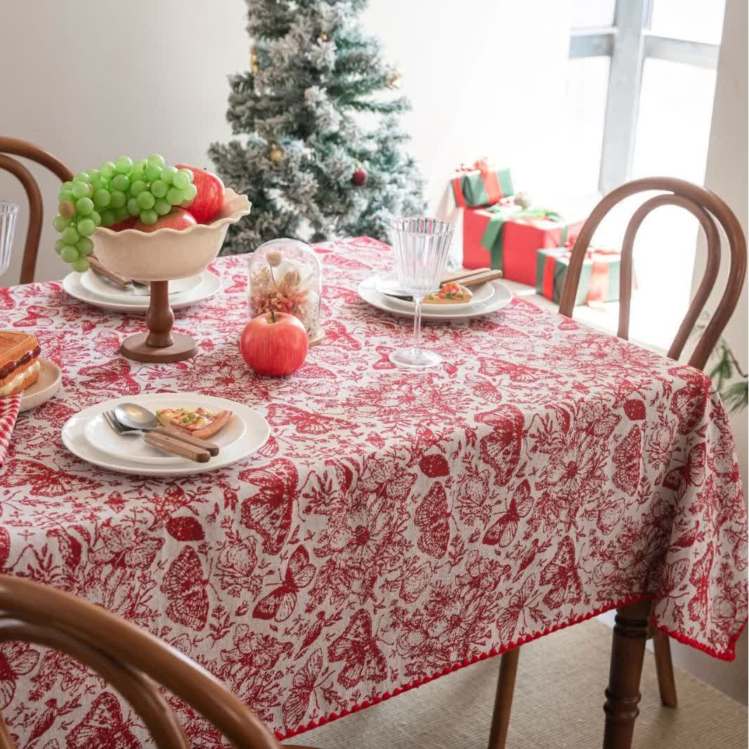 Red Butterfly Floral Jacquard Tablecloth - Round - 60" - image 0