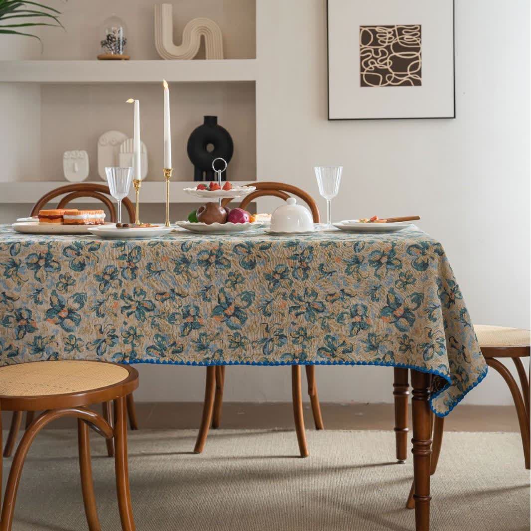 Rustic Style Blue Floral Jacquard Tablecloth - Round - 60" - image 0