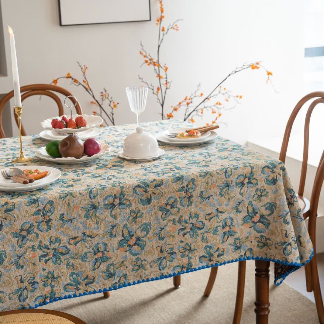 Rustic Style Blue Floral Jacquard Tablecloth - image 3