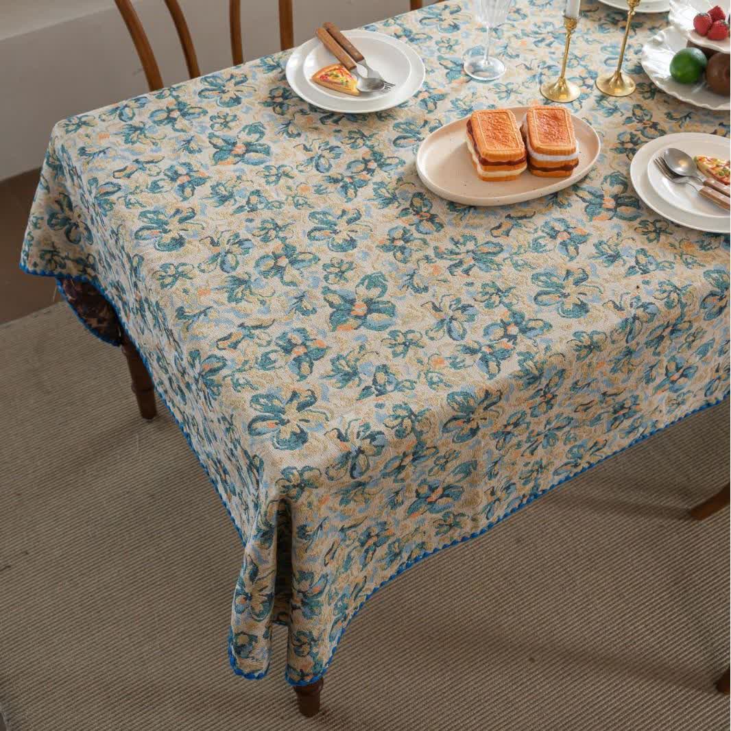 Rustic Style Blue Floral Jacquard Tablecloth - image 4