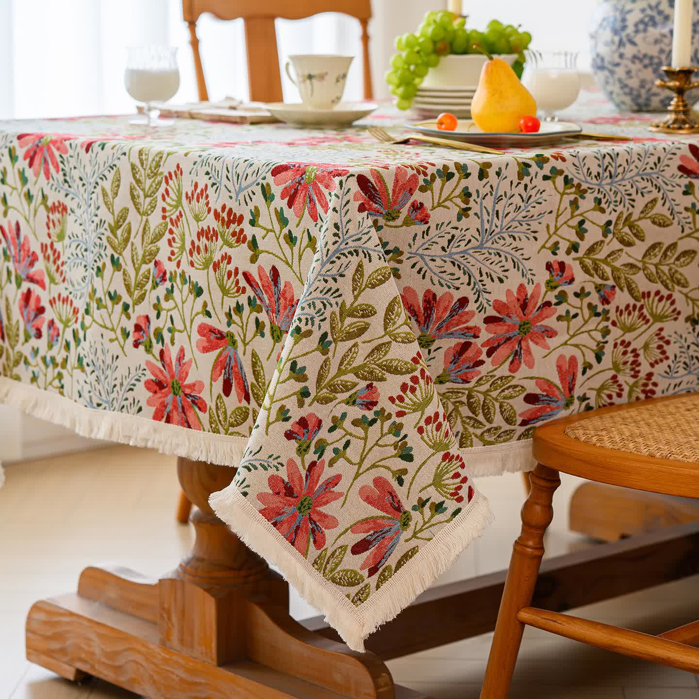 Rustic Floral Jacquard Tassel Tablecloth - image 3
