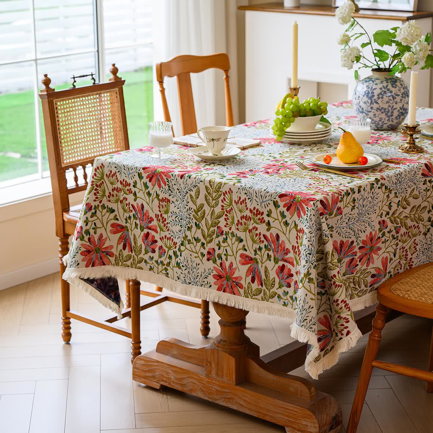Rustic Floral Jacquard Tassel Tablecloth - image 2