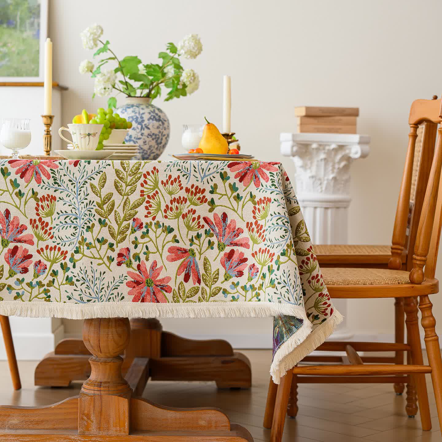 Rustic Floral Jacquard Tassel Tablecloth - image 1