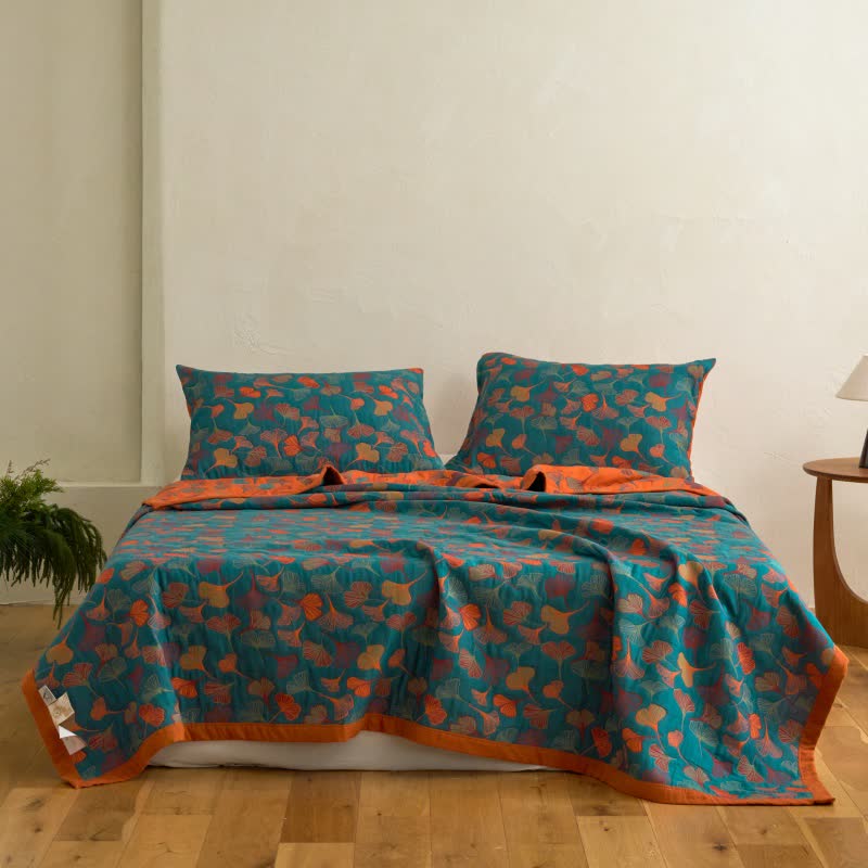 Ginkgo Biloba Organic Cotton Quilt - Blue - Quilt with 2PCS Pillowcases - Cal King - image 0