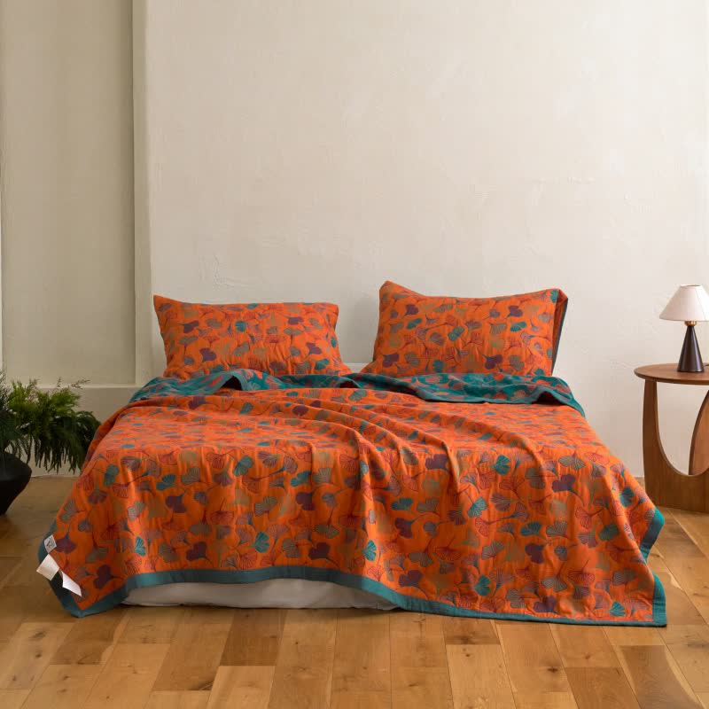 Ginkgo Biloba Organic Cotton Quilt - Orange - Quilt with 2PCS Pillowcases - Cal King - image 11