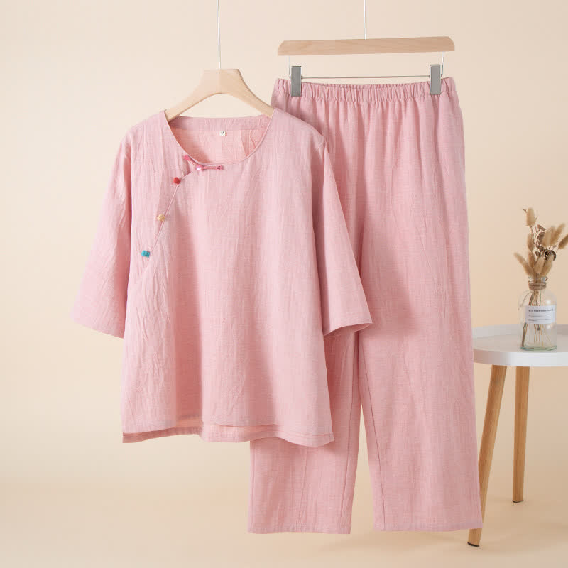 Oriental Style Buttoned Loungewear Set - Pink - XL - image 12