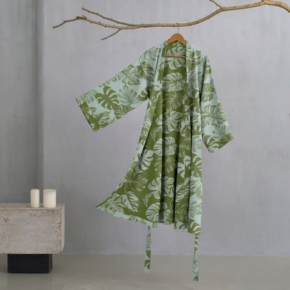 Monstera Print Cotton Gauze Kimono Robe - Light Green - 2XL - image 7
