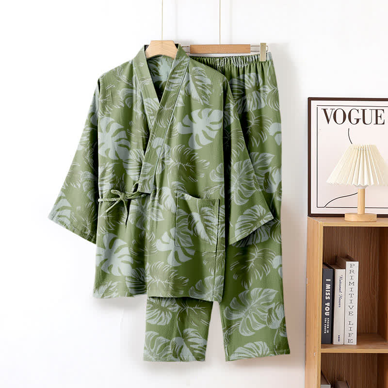 Monstera Cotton Gauze Kimono Loungewear Set - Dark Green - XL - image 1