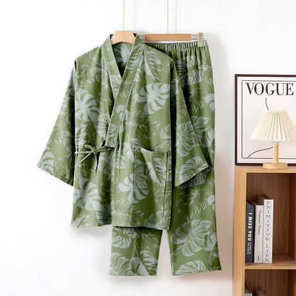 Monstera Cotton Gauze Kimono Loungewear Set - Dark Green - XL - image 1