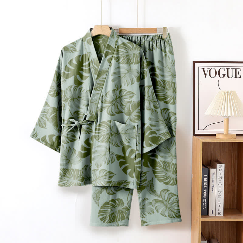 Monstera Cotton Gauze Kimono Loungewear Set - Light Green - XL - image 4
