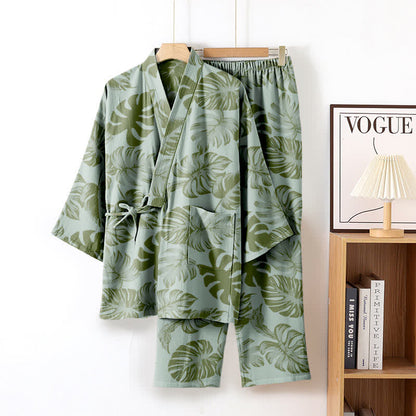 Monstera Cotton Gauze Kimono Loungewear Set - Light Green - XL - image 4