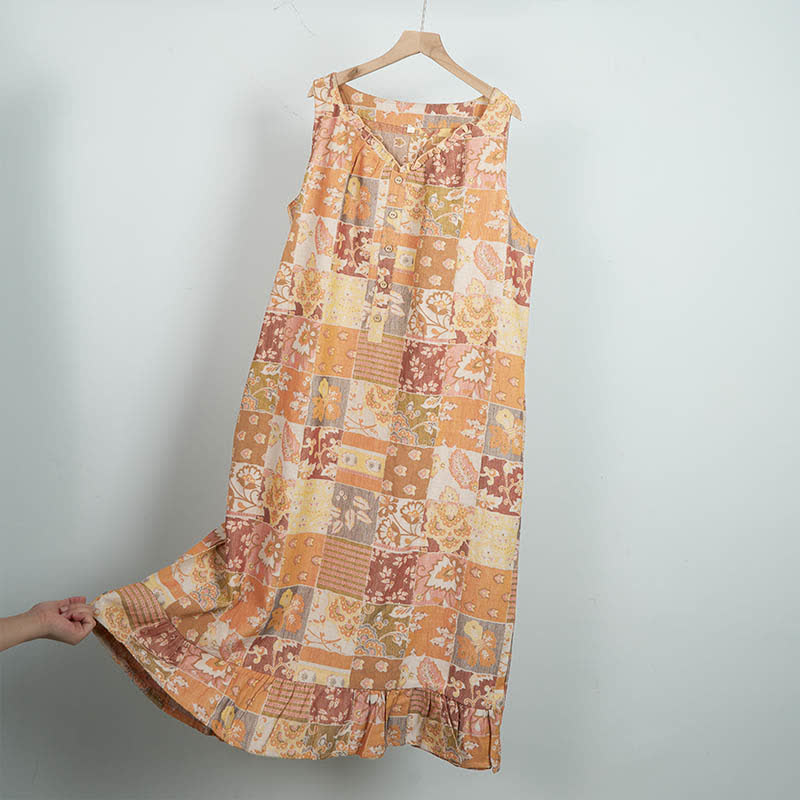 Ethnic Floral Cotton Sleeveless Nightdress - Orange - L - image 2