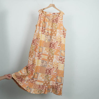 Ethnic Floral Cotton Sleeveless Nightdress - Orange - L - image 2