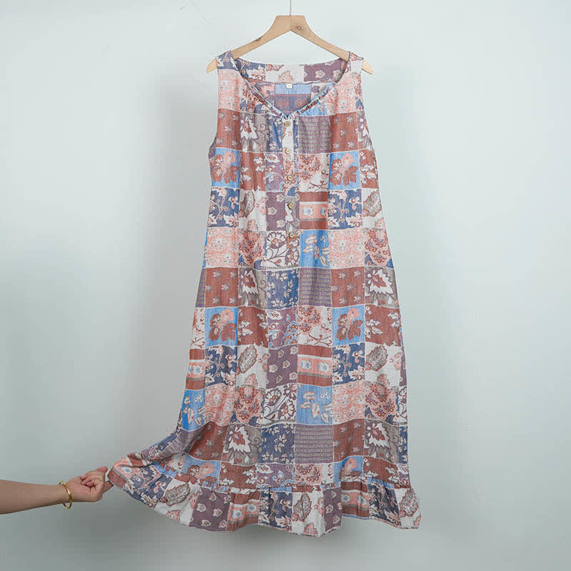 Ethnic Floral Cotton Sleeveless Nightdress - Blue - L - image 11