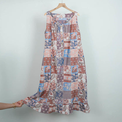 Ethnic Floral Cotton Sleeveless Nightdress - Blue - L - image 11