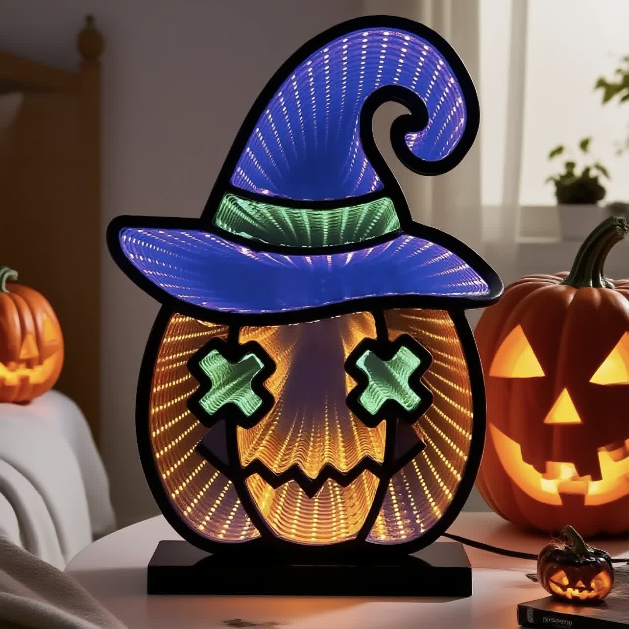 Halloween Infinity Lights Pumpkin with Hat - image 1