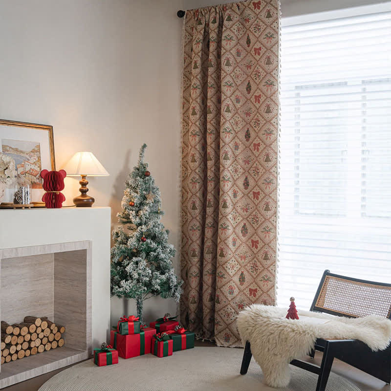 Christmas Tree & Bow Print Holiday Curtain - image 1