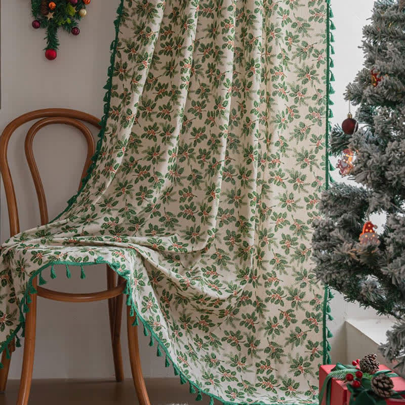 Christmas Holly Leaf Print Curtain - Rod Pocket - 59" x 102" - image 0
