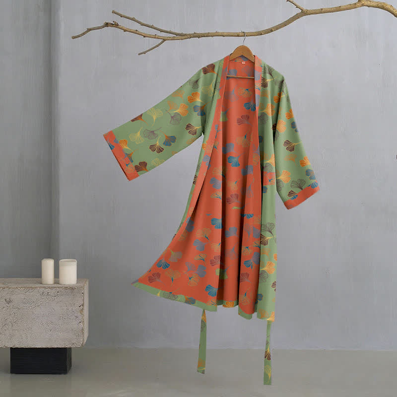 Ginkgo Biloba Cotton Gauze Kimono Robe - Green - XL - image 25