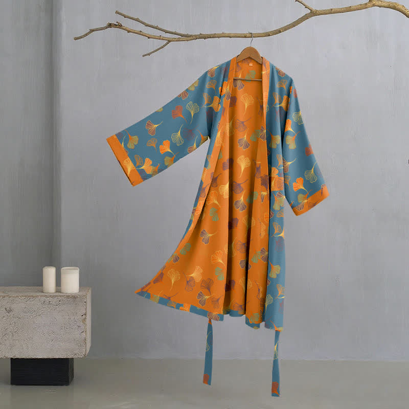 Ginkgo Biloba Cotton Gauze Kimono Robe - Blue - 2XL - image 13