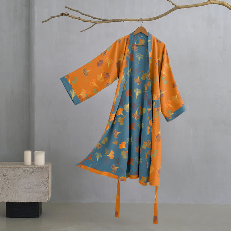 Ginkgo Biloba Cotton Gauze Kimono Robe - Orange - 2XL - image 16