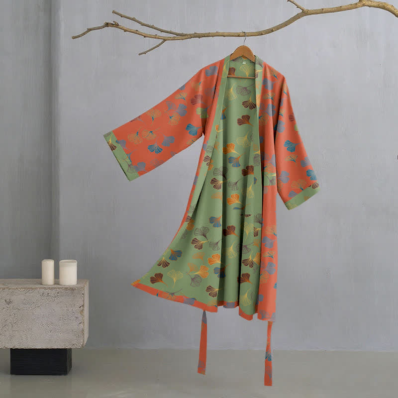 Ginkgo Biloba Cotton Gauze Kimono Robe - Red - XL - image 28