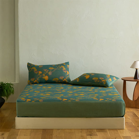 Large Ginkgo Leaf Cotton Fitted Sheet - Sheet with 2PCS Pillowcases - King - image 0