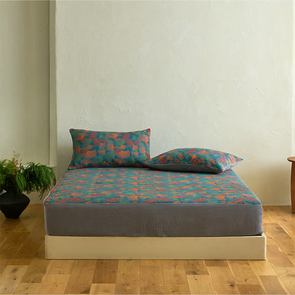 Ginkgo Leaf Cotton Gauze Fitted Sheet - Sheet with 2PCS Pillowcases - King - image 0