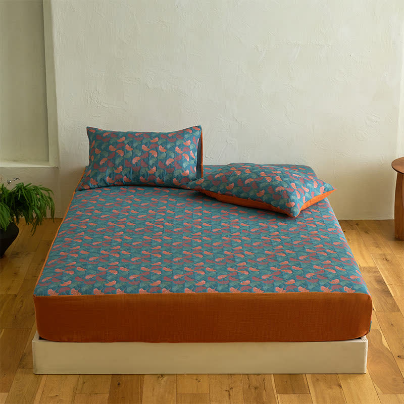 Ginkgo Cotton Gauze Jacquard Fitted Sheet - Sheet with 2PCS Pillowcases - King - image 0