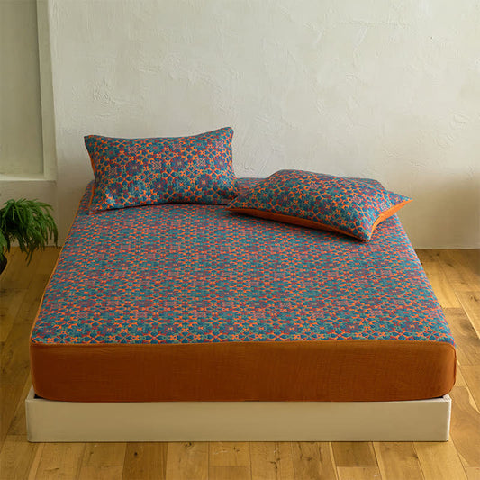 Retro Geometric Pattern Cotton Fitted Sheet - Sheet with 2PCS Pillowcases - King - image 0