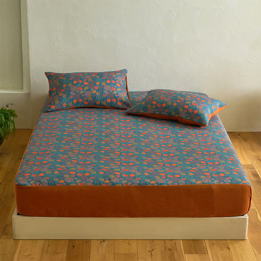 Leaf Print Cotton Gauze  Fitted Sheet - Sheet with 2PCS Pillowcases - King - image 0