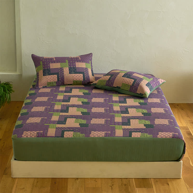 Patchwork Cotton Gauze Jacquard Fitted Sheet - Sheet with 2PCS Pillowcases - King - image 0