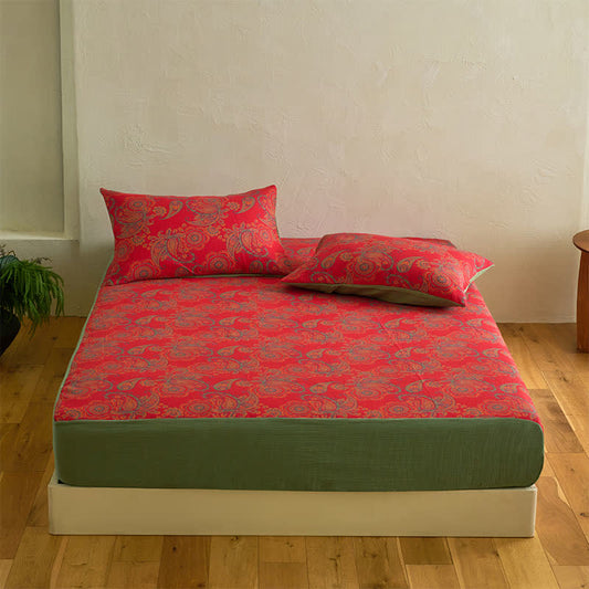 Paisley Floral Cotton Jacquard Fitted Sheet - Sheet with 2PCS Pillowcases - King - image 0