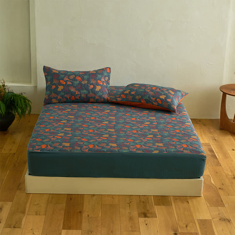 Ginkgo Natural Cotton Gauze Fitted Sheet - Sheet with 2PCS Pillowcases - King - image 0