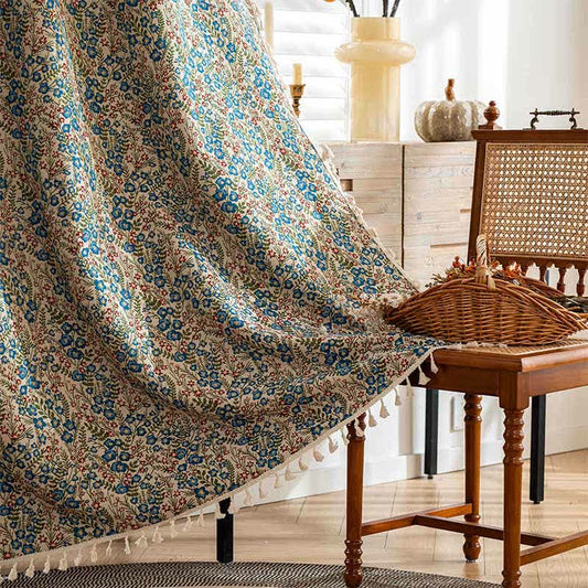 Blue Floral Jacquard Tassel Curtain - Rod Pocket - 59" x 102" - image 0