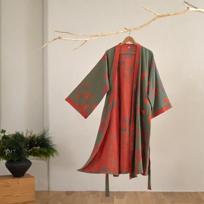 Large Ginkgo Leaf Cotton Kimono Robe - Green & Orange - XL - image 12