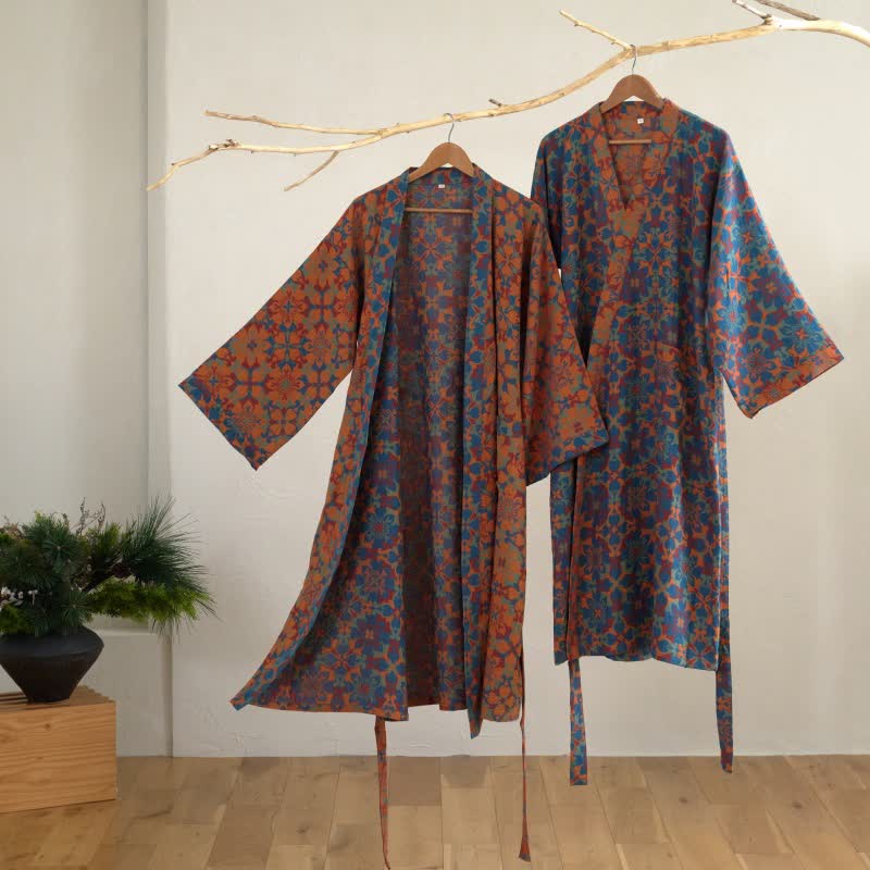 Retro Geometric Pattern Cotton Kimono Robe - image 1