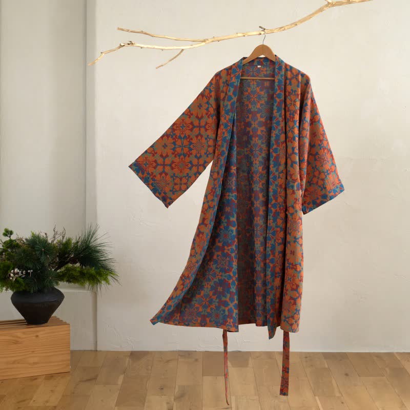 Retro Geometric Pattern Cotton Kimono Robe - Orange - XL - image 9